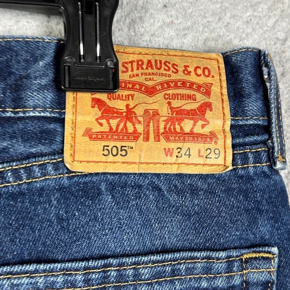 Levis 505 Jeans Mens 34X29 Blue Straight Leg Distressed Dark Wash 5 Pocket Denim